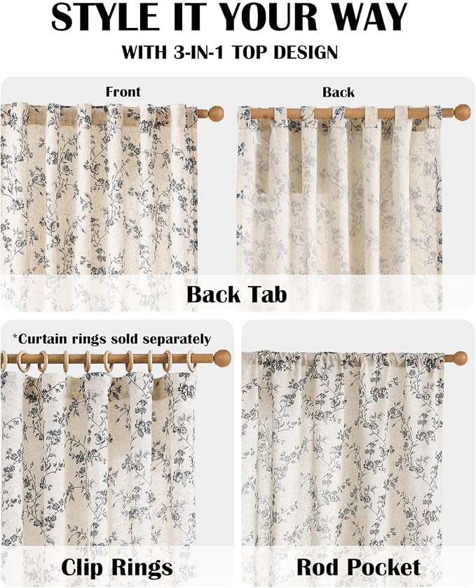 Black Vintage Floral Linen Curtains Farmhouse 50W X 63L 2 Panels | Elisa Series - Image 5