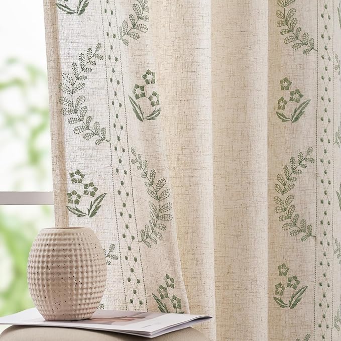 jinchan Belrose Linen Curtains for Bedroom Floral Curtains 63 Inch Length Linen by JINCHAN