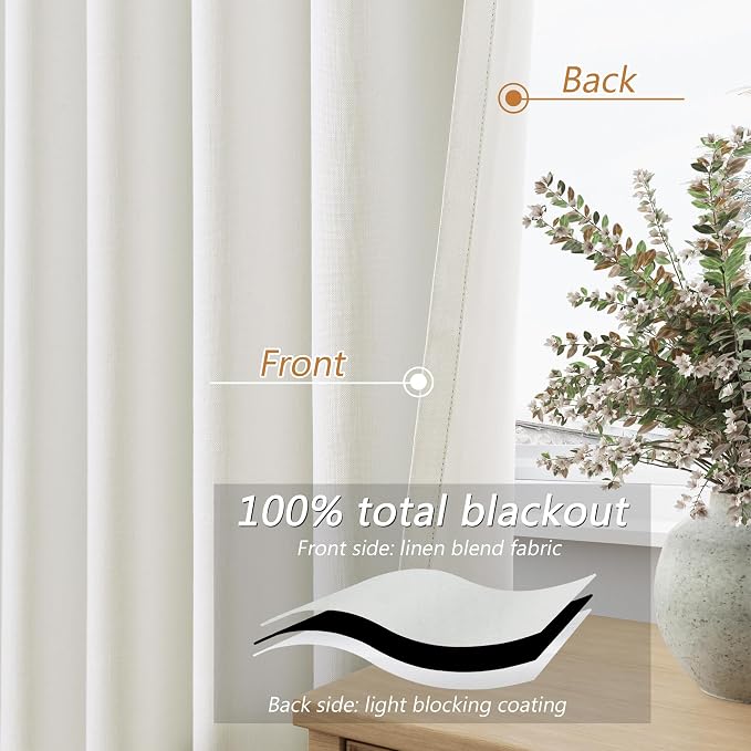 Ivory 100% Blackout Linen Curtains 102 Inch Length 2 Panels Set - Image 4