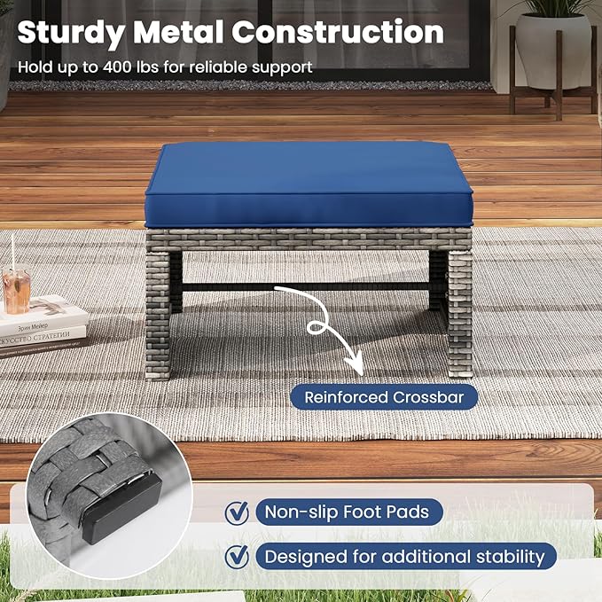 Tangkula 2 Pieces Patio PE Rattan Ottomans, Multipurpose Outdoor Footstool Footrest Additional Seating Side Table with Soft Zippered Cushions for Deck, Garden, and Yard (Navy Blue)