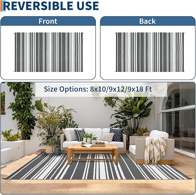 Outdoor Patio Rug 9x12 Stain-Resistant Reversible Camping Mat, Modern Striped Outdoor Plastic Straw Rug, Waterproof Outside Carpet, Easy to Clean for RV, Porch, Deck, Balcony, Grey