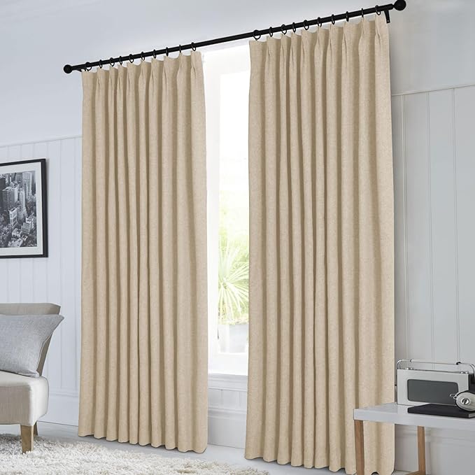 Macochico Pinch Pleated Blackout Curtains 102 Inches Long 100% Light Blocking Sand Beige Linen Drapes for Bedroom Living Room Farmhouse Shabby Chic Burlap Curtains with Tieback 72”Wx102”L 1 Panel