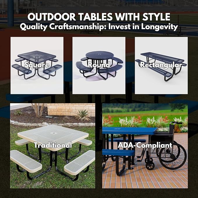 Heavy-Duty Portable Outdoor Picnic Table with Umbrella Hole, Punched Steel Patio Dining Furniture Made in America (46" Round Top, Dark Green)