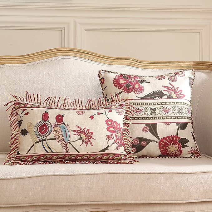 patdrea Designer Throw Pillow Covers Set of 4,Vintage Red Linen Pillowcases with Flower and Birds Pattern Pillows Cover for Couch,Farmhouse Decorative Cushion for Bed Living Room Outdoor Car