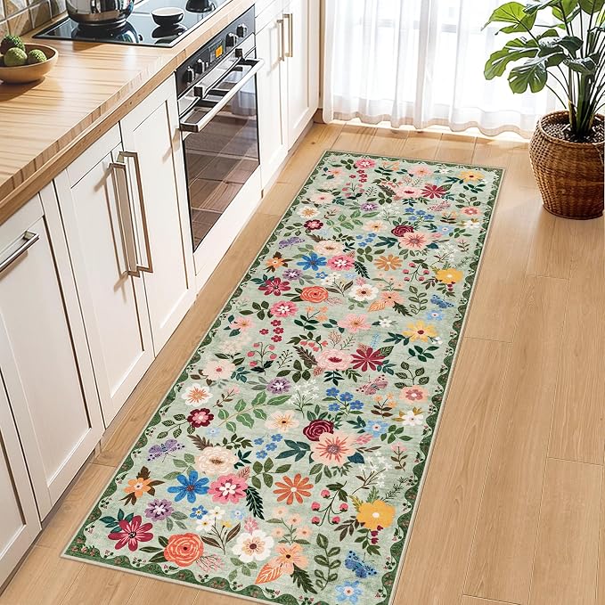PLHXFR 2x6 Washable Runner Rug：Floral Indoor Kitchen Soft Carpet Green | - Image 6