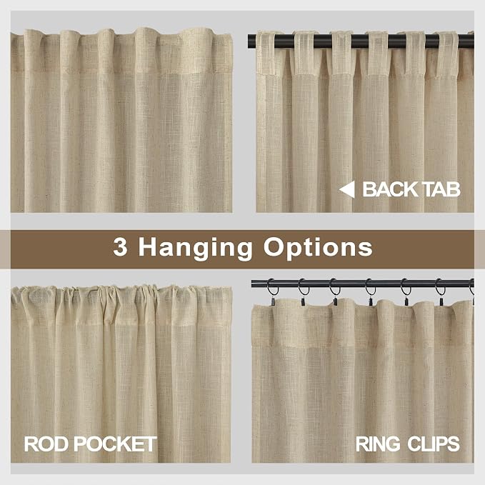 Burlywood Birch Natural Linen Curtains 92 Inch Length 2 Panels Set Back Tab - Image 5