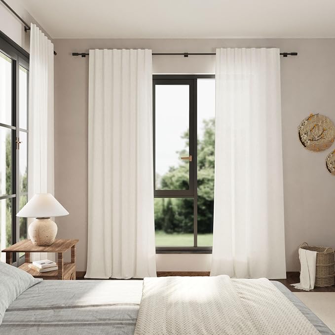 Beige White Linen Curtains 90 Inch Long 2 Panels Set - Image 7