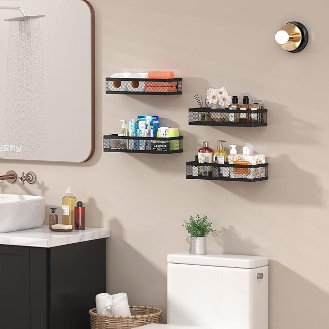 PUSDON Hanging Storage Baskets Organizer Wall Mount, Metal Wire Storage Bin Rack for Kitchen Bathroom Shower Spice Shelf Home Decor Essentials Black-2 Packs (Netting)