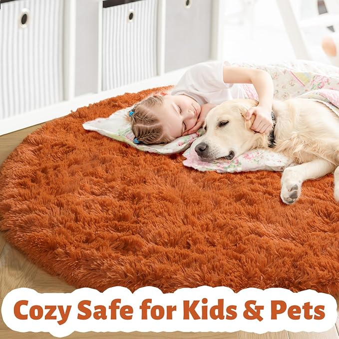 Amdrebio Burnt Orange Round Furry Area Rug 5Ft - Image 2