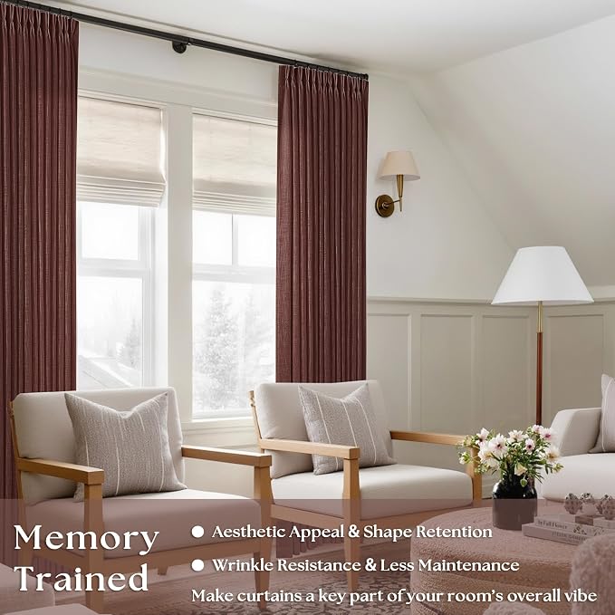 Chestnut Brown Pinch Pleated Linen Sheer Curtains 45 Inch Length 2 Panels | - Image 2