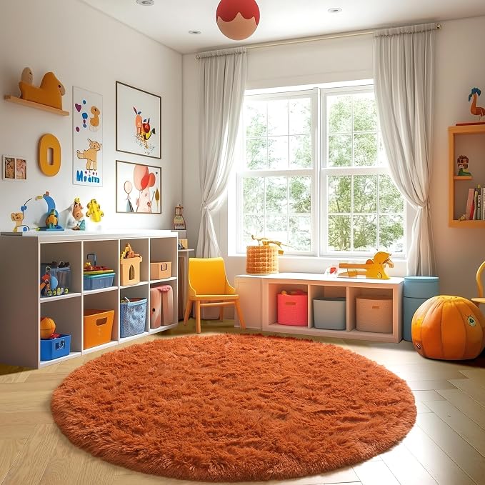 Amdrebio Burnt Orange Round Furry Area Rug 5Ft - Image 7