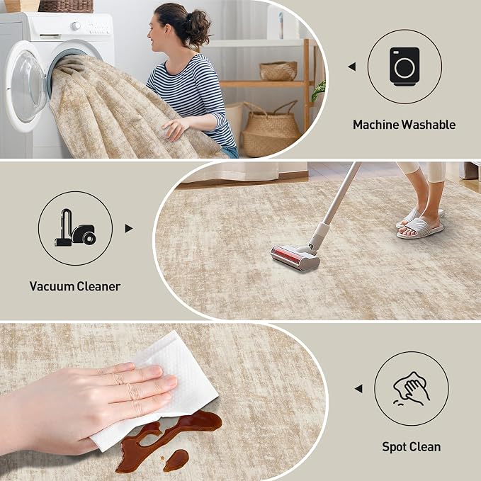 8x10 Area Rugs for Living Room: Washable Abstract Beige Badroom Carpet | - Image 5