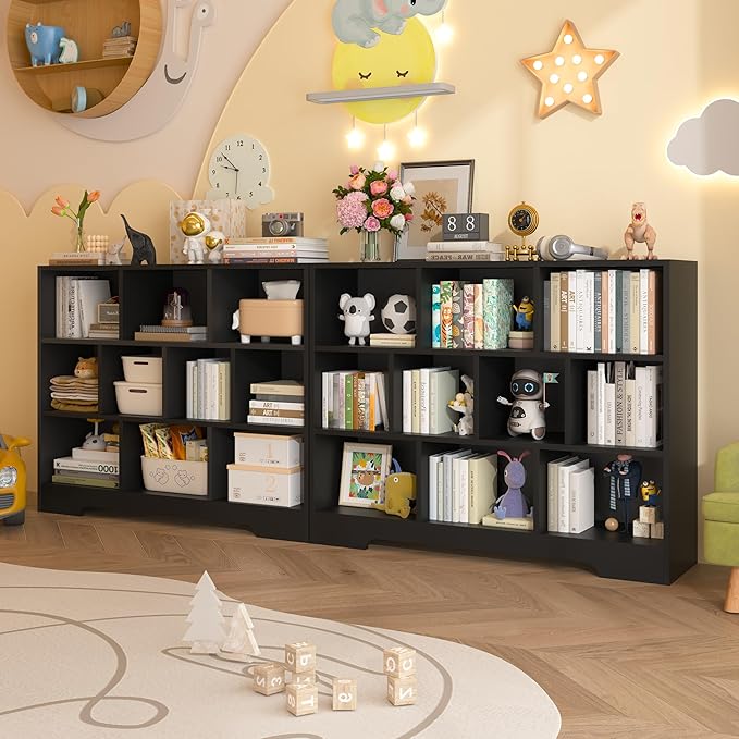 Book Shelf Set of 2, 10 Cubes Storage Organizer, 3-Tier Open Bookshelf Wooden Bookcase, Freestanding Black Bookshelf Cube Shelf for Bedroom, Living Room, Home Office
