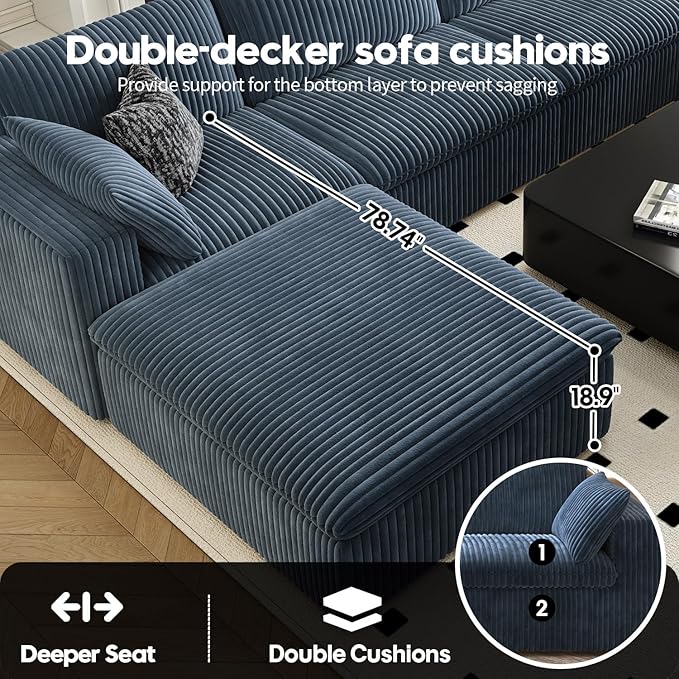 118" Cloud Couch Modular Sectional Sofa for Living Room,Modern Sofa with Deep Seat，L-Shape Boneless Couch with Ottoman,Comfy Upholstered Corduroy Couches for Apartment, Studio, Office,Bedroom，Blue