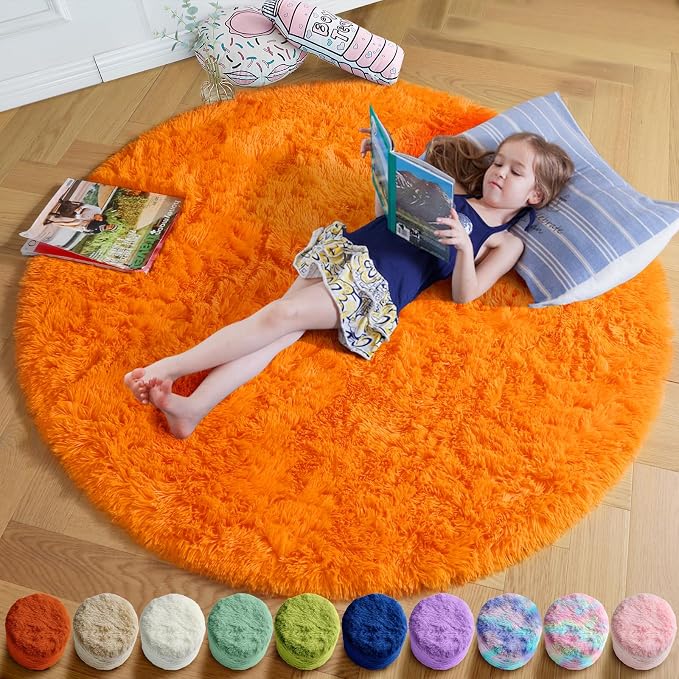 Amdrebio Orange Round Circle Rug 4Ft by Amdrebio
