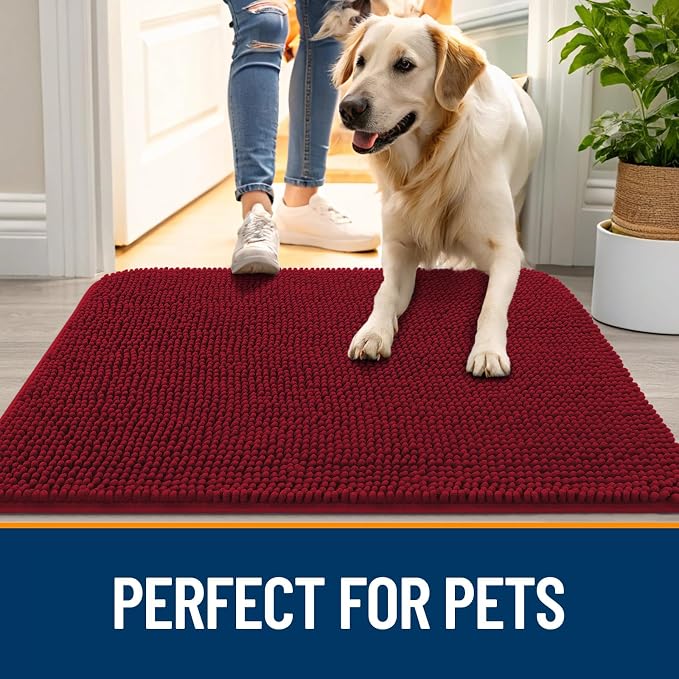 OLANLY Dog Door Mat for Muddy Paws 44x24, Super Absorbent Chenille Mud Mat | Red - Image 6