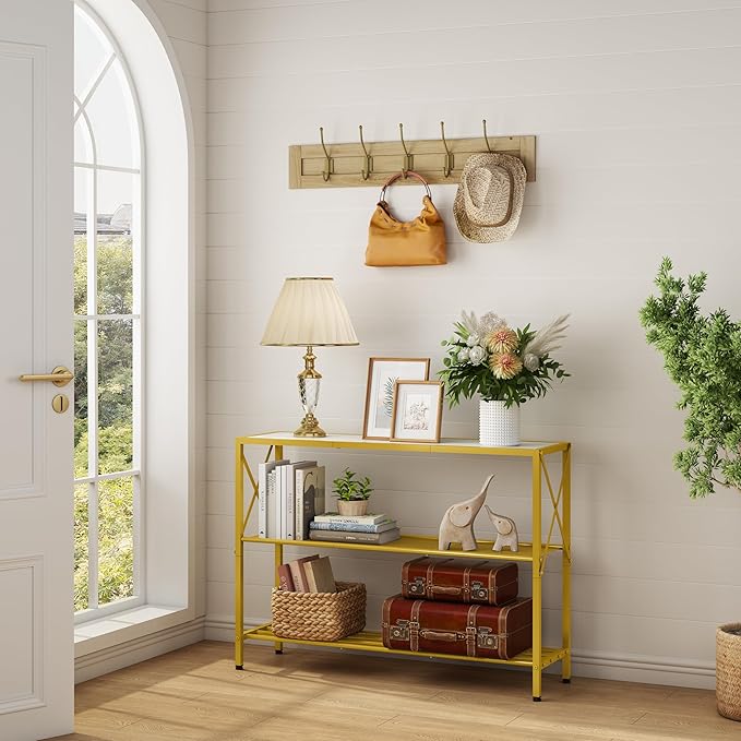 Hoctieon Gold Console Table, 3 Tier Entryway Table, Hallway Table, Narrow Sofa Table with Shelves, Entrance Table for Entryway, Gold and White