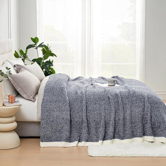 Snuggle Sac Heather Navy Oversized Twin-XL Size Blanket, Super Soft, Warm, Knit, 66x90 inches