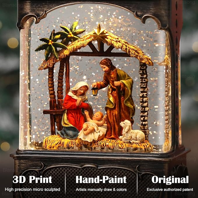 Nativity Snow Globe Lantern Christmas Decorations Gifts Auto Snowfall Glitter Music Collection Manger Sheep Pen Nativity Scene with 6H Timer USB/Battery Powered 10.2 inch