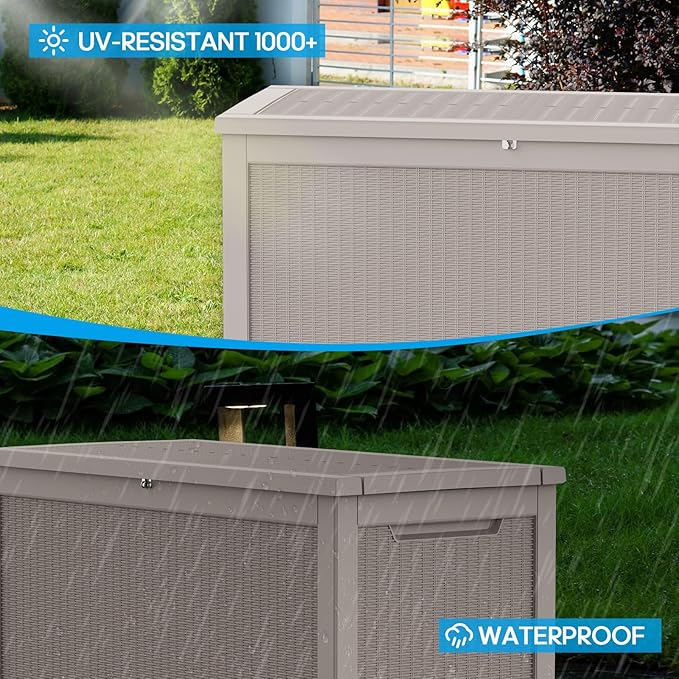 267 Gallon Deck Box Large Outdoor Storage for Patio Furniture,Outdoor Cushions,Garden Tools and Pool Supplies,Waterproof,Resin,Lockable(Grey Rattan)