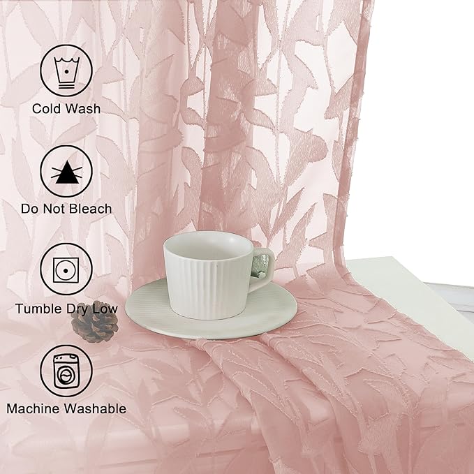Lecloud Leia Clip Leaf Pink Sheer Curtains 63 Inch Length 2 Panels, Dual Rod - Image 9