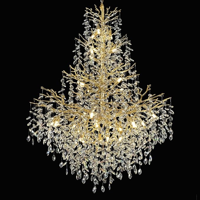H65'' Gold Tree Branch Crystal High Ceilings Chandeliers, 27-Lights Modern K9 Crystal Staircase Chandeliers, D48'' Foyer Chandelier for High Ceiling, Luxury Large Living Room Chandelier