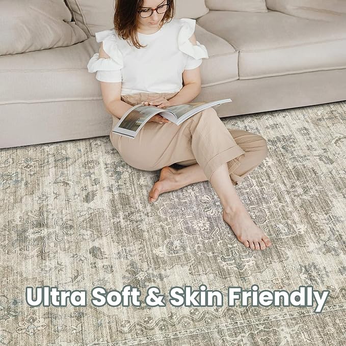 Washable Area Rugs for Living Room - 5x7 Neutral Vintage Distressed Floral Farmhouse Boho Large Soft Floor Rug Indoor Non Slip Carpet for Living Room Bedroom Dining Room Office - Brown/Tan