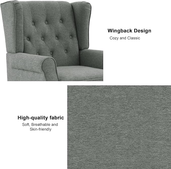 Accent Chair, Upholstered Armchair with Button Tufted High Back & Solid Wood Legs, Comfy Wingback Reading Single Sofa Chair for Small Spaces, Living Room, Bedroom (Grey, Set of 1)