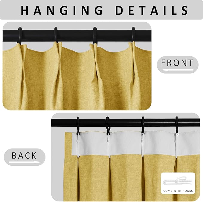 Macochico 100”Wx96”L Pinch Pleated 100% Blackout Linen Curtains Thermal Sliding Curtains for Bedroom Living Room Sliding Glass Door Farmhouse Shabby Chic Yellow Drapery with Tieback 1 Panel