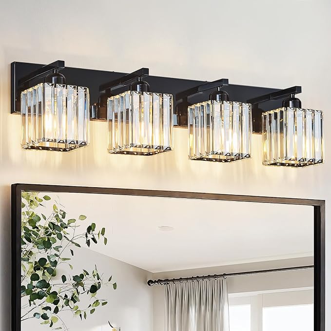 Modern Bathroom Vanity Light 4-Lights Plating Black Crystal Bathroom Wall Light Vanity Light Fixtures