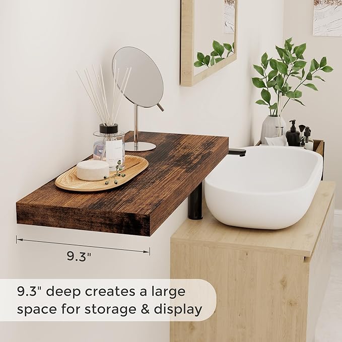 24 x 9 Floating Shelves, 9 Inch Deep Floating Shelf Wall Mounted, 24 Inch Bathroom Shelves Set of 2, Rustic Wood Wall Shelf for Bedroom, Living Room, Rustic Brown Color