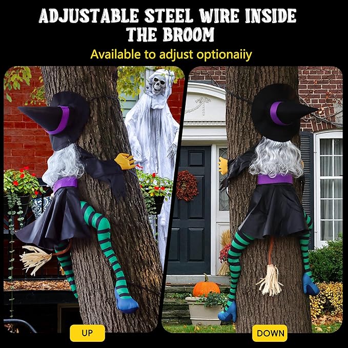 POPGIFTU 63" Crashing Witch Halloween Decoration – Flying Witch on Broom Into Tree Outdoor Yard Prop for Porch, Lawn, Garden, Pillars, Door, or Haunted House Decor