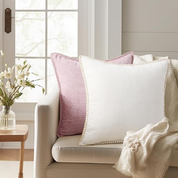 decorUhome Chenille Soft Throw Pillow Covers 24x24 Set of 2, Farmhouse Velvet Neutral Decorative Euro Pillow Covers with Stitched Edge for Couch Sofa Bed Home Decor, Cream White