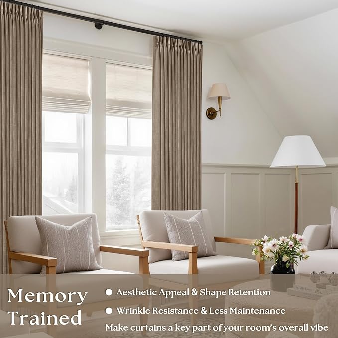 100 Inch Linen Blend Light Brown Memory Shape Pleated Curtains 2 Panels | - Image 3