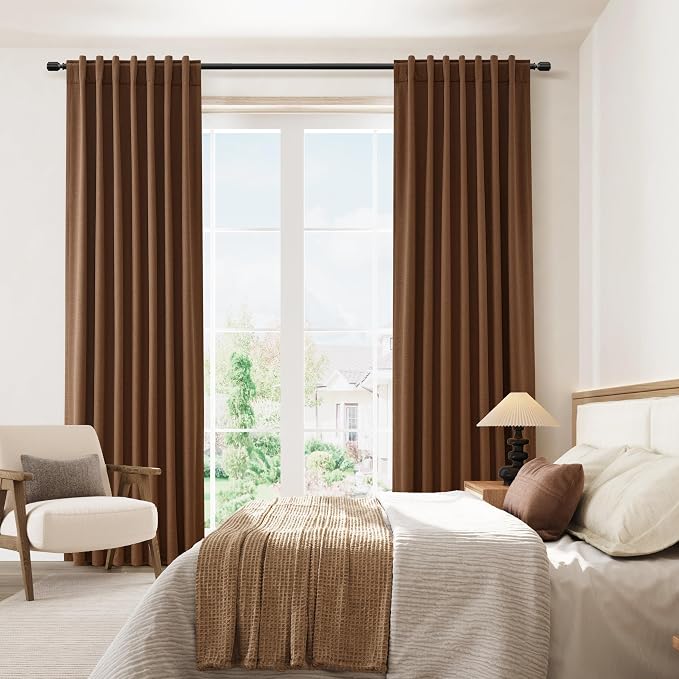 Guken Caramel Brown 100% Blackout Linen Curtains 120 Inch Length 2 Panels Set - Image 8