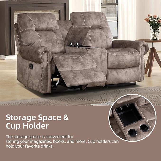 EBELLO 2 Pieces Manual Reclining Couch Furniture Set for Living Room, 2 Seat Loveseat and a 3 Seater Sofa, Vintage Rivet Mid-Century Design for Living Room, Brown
