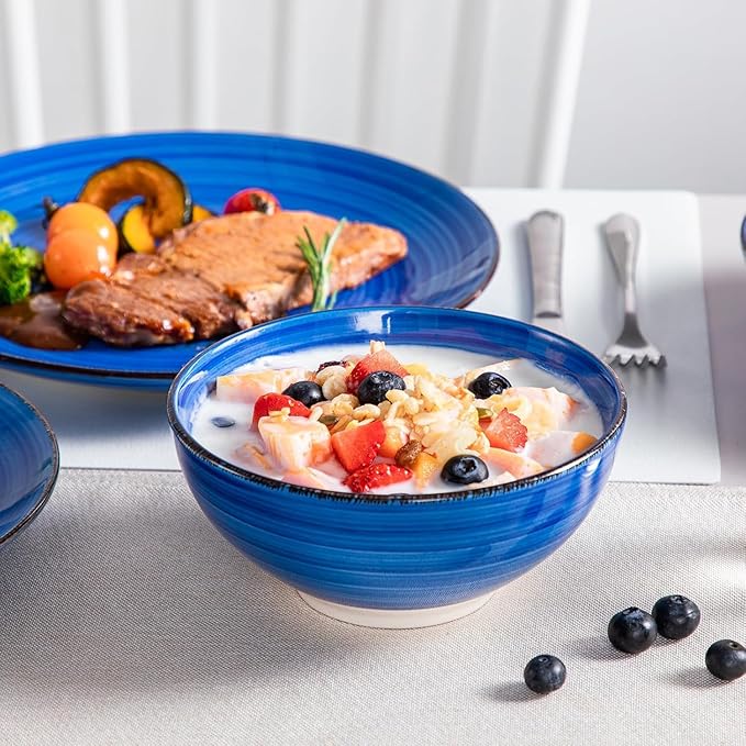 vancasso Bonita Dinnerware Set 24 Pieces Blue Stoneware Service for 6, Handpainted Spirals Pattern Stoneware Combination Set