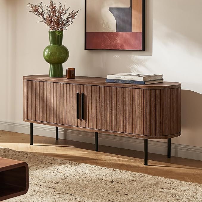mopio Quin TV Stand, Mid Century Modern for 55/60/65 inch TV, Farmhouse TV Stand, Entertainment Center with Storage, TV and Media Console for Living Room (Walnut, 59" Tambour)