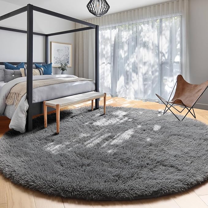 Amdrebio Grey Round Rugs 6Ft for Bedroom Living Room Decor, Fluffy Shaggy - Image 5