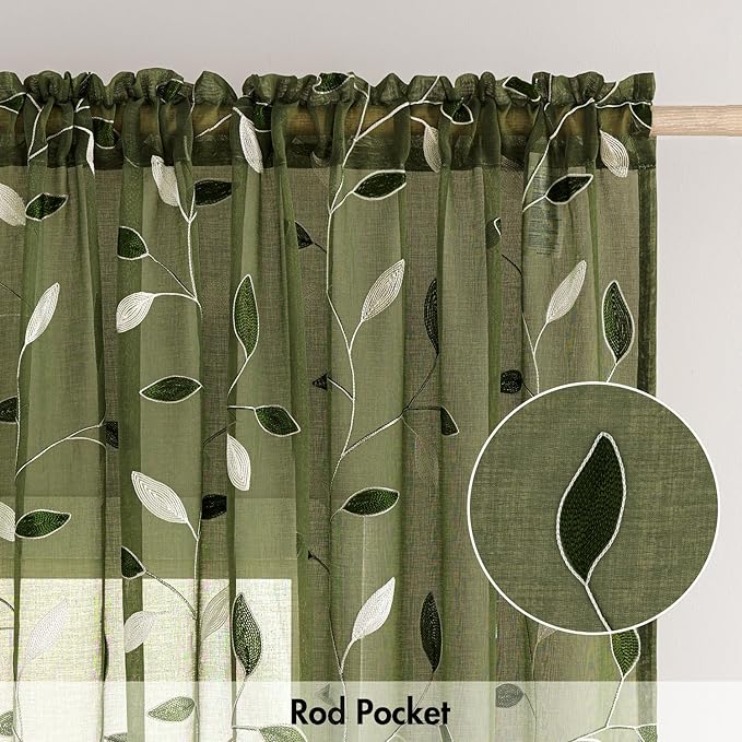MIULEE Olive Green Sheer Curtains 2 Panels Leaf Patterned, W52 x L63 | - Image 6