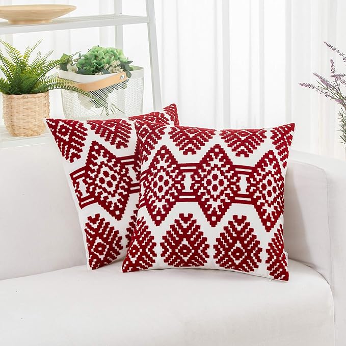 HWY 50 Red Decorative Throw Pillow Covers 18x18 Inch, Pack of 2 Embroidered Cotton Farmhouse Cushion Cover Pillow Case for Sofa Couch Living Room Bed Bedroon, Diamond Design