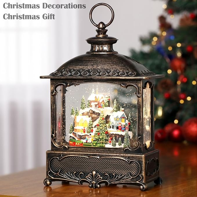 Christmas Snow Globe Lantern Christmas Decorations Gifts Snowy Village Scene Snowman Church Cabin Train Musical Glitter Snowfall USB/Battery Timer 12 inch