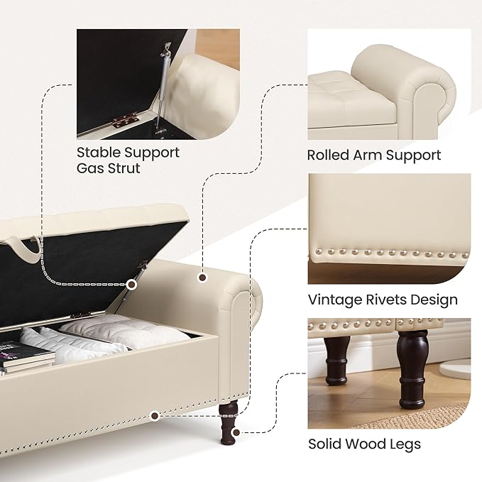 Storage Ottoman Bench for Bedroom, 60" Upholstered Bedroom Bench with Rolled Arms and Vintage Rivets, Large Storage Chest for Living Room, Bedroom, Entryway, Beige