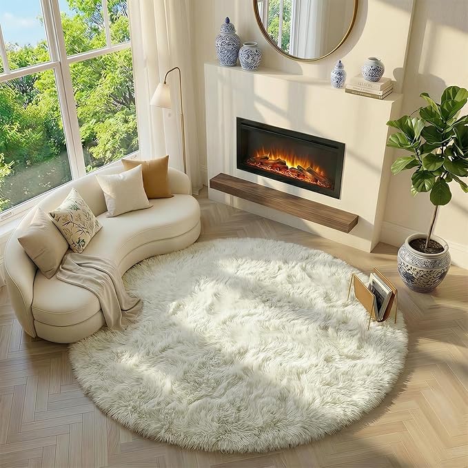 Amdrebio Cream Ivory White Large Round Rug 6Ft - Image 3