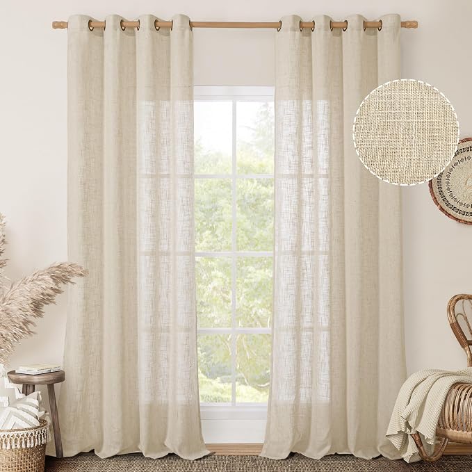 Light Filtering Sheer Linen Curtains 102 inches Long, Linen Textured Semi Sheer by LAMIT