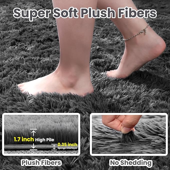 8x10 Fluffy Shag Area Rugs for Living Room Bedroom: Soft Plush Carpet Grey | - Image 5
