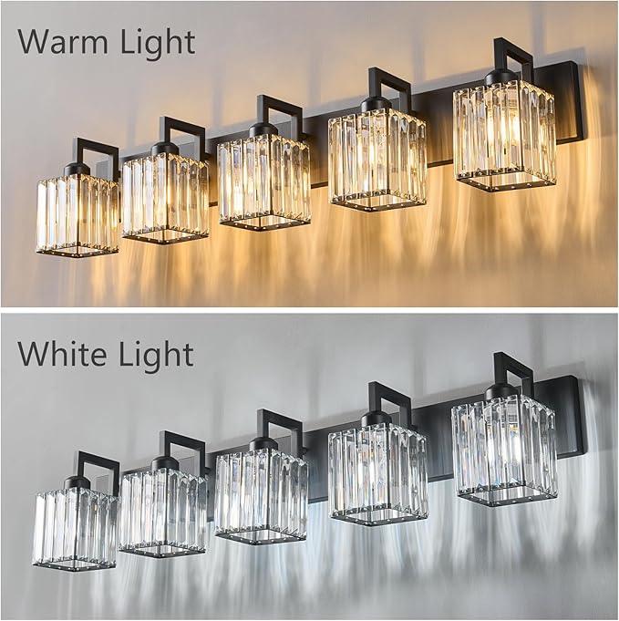 Modern Crystal Bathroom Vanity Light - 5-Lights Black Modern Crystal Wall Lamp for Bathroom Vanity Lighting