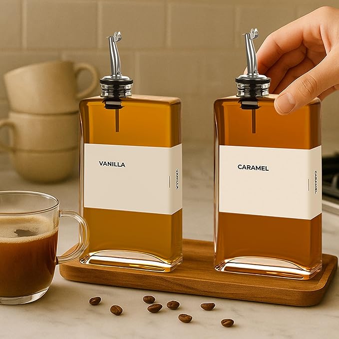Olive Oil Dispenser Bottle - Includes 44 Kitchen Essential Labels - Cooking Oil Bottles for Kitchen, Coffee Syrup Dispenser - Pourer Spout with 11.8 fl oz Glass Container Cruet - 4pcs Silver