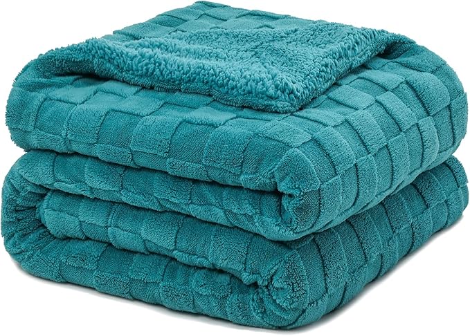 Pawque Super Soft Cozy Throw Blanket Twin Size for Couch Bed, Fluffy Sherpa Fleece Reversible Thick Warm Fuzzy Blanket for All-Season, 3D Checkered Jacquard Decorative Blankets, Teal Green, 60" x 80"