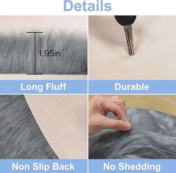 Faux Fur Grey Round Rugs 3ft for Bedroom, Small Fluffy Fuzzy Circle Rug Furry - Image 4